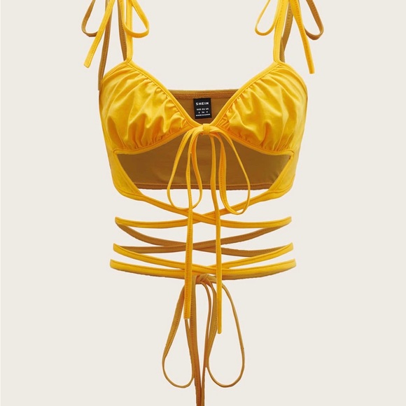 SHEIN Yellow Tie Front Strappy Crop Top | Festival Party Clubwear - Picture 1 of 4